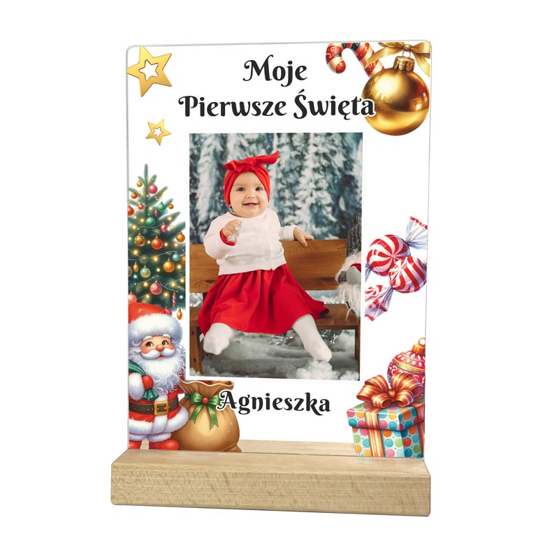 Pierwsze Święta Dziecka Świąteczna Statuetka z Nadrukiem Zdjęcia MD1647. Personalizowana statuetka A5 „Moje Pierwsze Święta” z imieniem i nadrukowanym zdjęciem dziecka.