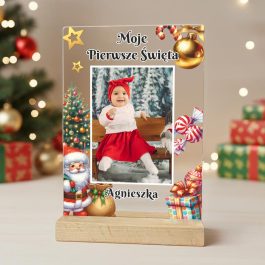 Pierwsze święta dziecka Świąteczna Statuetka z Nadrukiem Zdjęcia MD1647. Personalizowana statuetka A5 „Moje Pierwsze Święta” z imieniem i nadrukowanym zdjęciem dziecka.