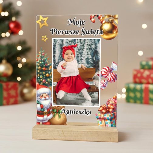 Pierwsze święta dziecka Świąteczna Statuetka z Nadrukiem Zdjęcia MD1647. Personalizowana statuetka A5 „Moje Pierwsze Święta” z imieniem i nadrukowanym zdjęciem dziecka.