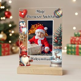 Prezent na Pierwsze Święta Dziecka Dyplom ze Zdjęciem Niemowlęcia MD1648. Personalizowana statuetka A5 „Moje Pierwsze Święta” z imieniem i nadrukowanym zdjęciem dziecka.