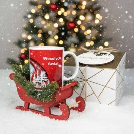 Kubek Świąteczny z Napisem Wesołych Świąt Prezenty Firmowe MD1627. kubek świąteczny z napisem Wesołych Świąt z bombką w ozdobnym pudełku prezentowym