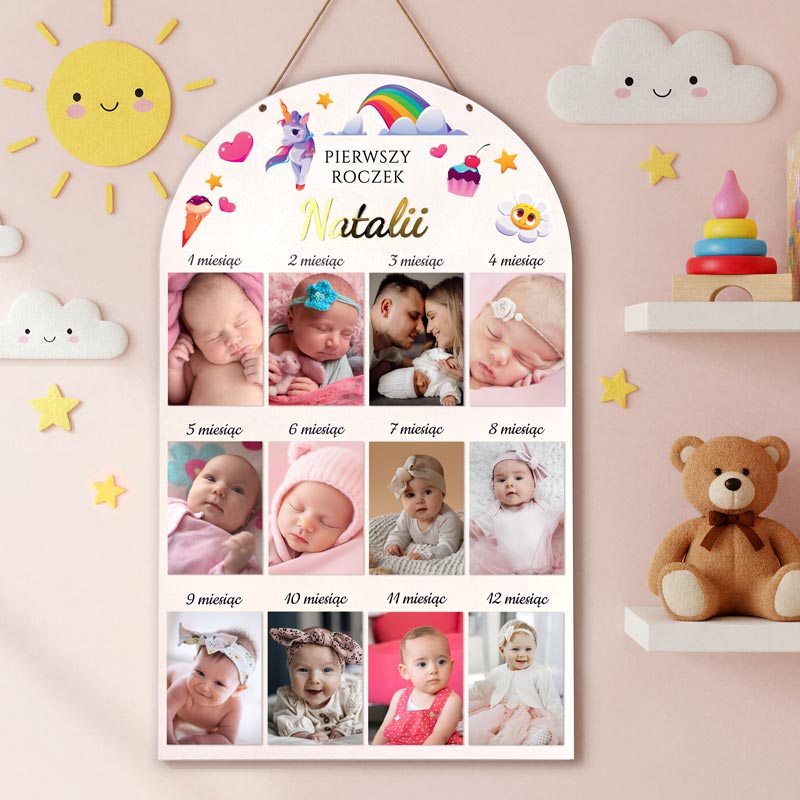 Ramka 12 Zdjęć z Imieniem Dziecka Prezent na Narodziny Tęcza MD1610