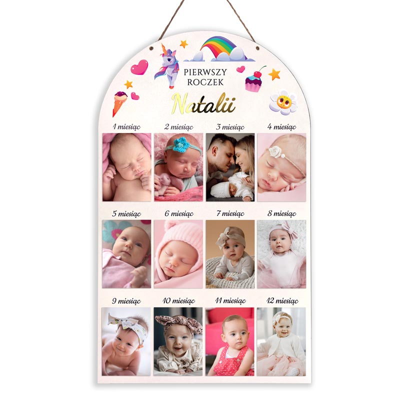 Ramka 12 Zdjęć z Imieniem Dziecka Prezent na Narodziny Tęcza MD1610