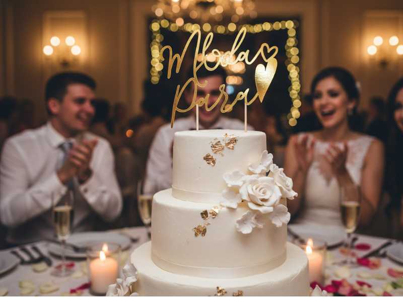 Złota Dekoracja Tortu Młoda Para