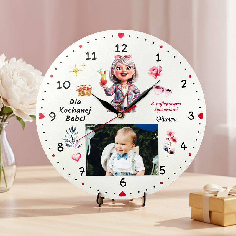 Zegar Z Miejscem na Zdjęcie Prezent na Dzień Babci i Dziadka MD1698. Personalizowany zegar z miejscem na zdjęcie i dedykacją dla Babci i Dziadka.