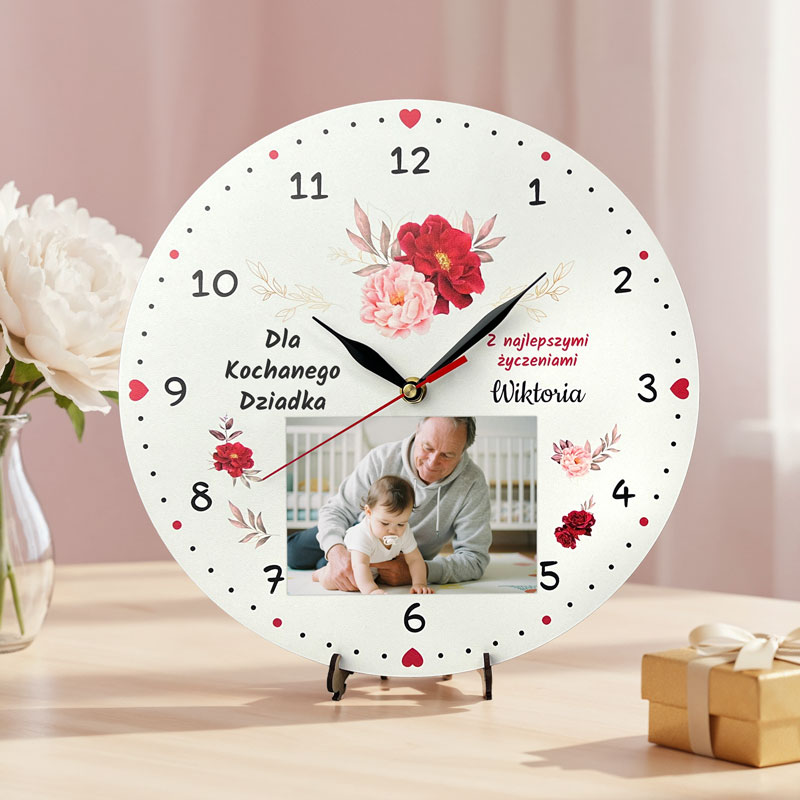 Zegar dla Babci i Dziadka z Miejscem na Zdjęcie Wyjątkowy Upominek MD1699. Personalizowany zegar z miejscem na zdjęcie i dedykacją dla Babci i Dziadka.