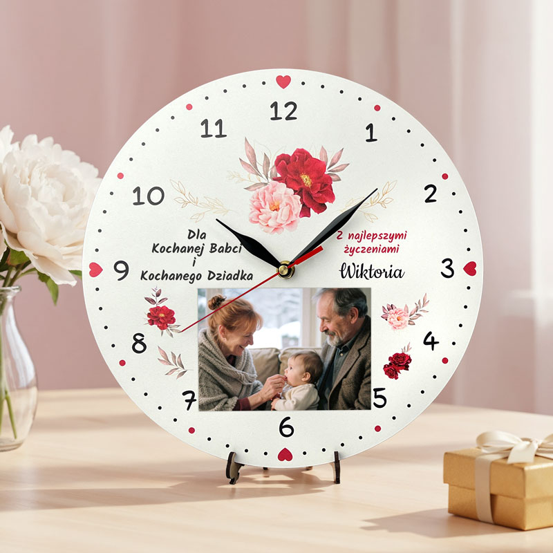 Zegar dla Babci i Dziadka z Miejscem na Zdjęcie Wyjątkowy Upominek MD1699. Personalizowany zegar z miejscem na zdjęcie i dedykacją dla Babci i Dziadka.