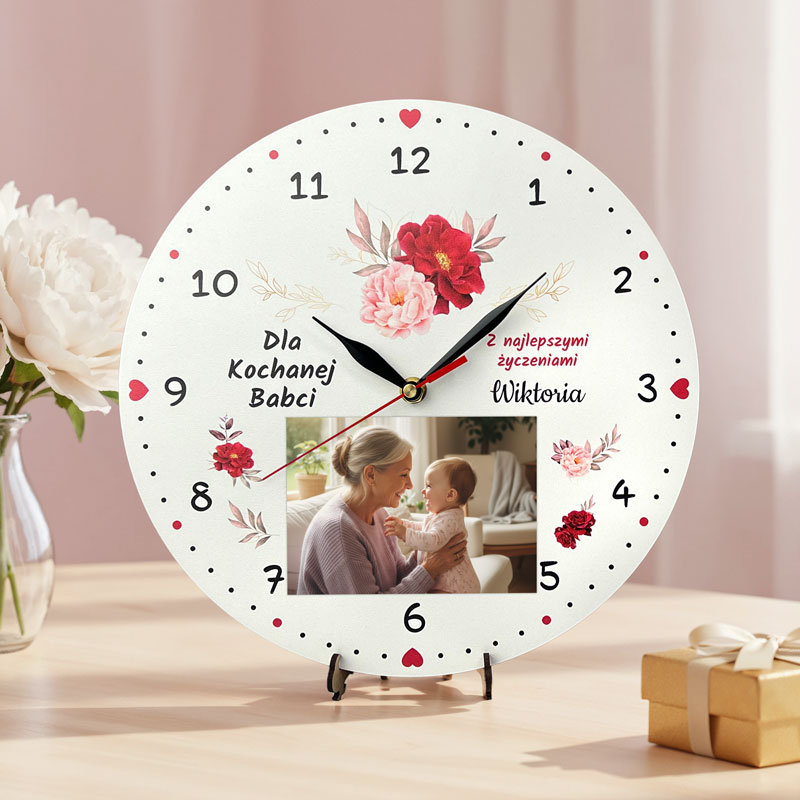 Zegar dla Babci i Dziadka z Miejscem na Zdjęcie Wyjątkowy Upominek MD1699. Personalizowany zegar z miejscem na zdjęcie i dedykacją dla Babci i Dziadka.