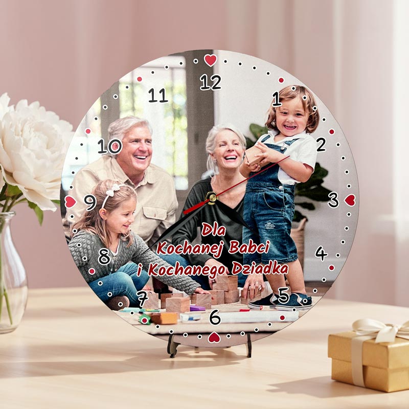 Zegar ze Zdjęciem Prezent dla Babci i Dziadka Personalizowany Upominek MD1705. Personalizowany zegar ze zdjęciem i dedykacją dla babci, dziadka, prababci i pradziadka z imionami wnucząt.