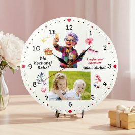 Prezent na Dzień Babci Personalizowany Zegar na Zdjęcie Nadruk Kolorowy MD1715