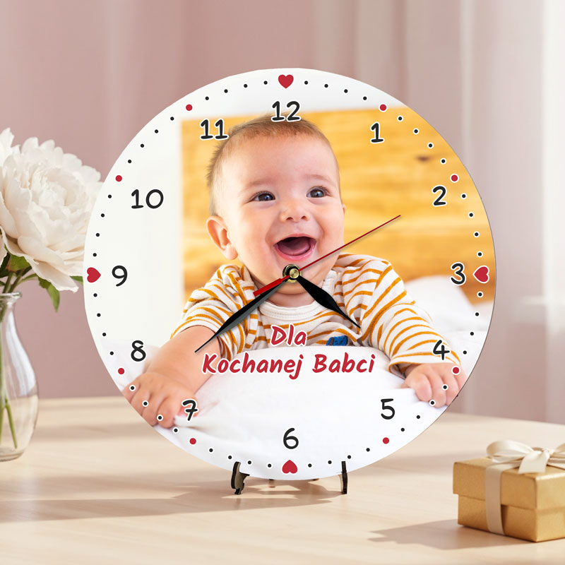 Zegar Ścienny z Nadrukiem Zdjęcia Prezent na Dzień Babci Dziadka MD1706. Personalizowany zegar ze zdjęciem i dedykacją dla babci, dziadka, prababci i pradziadka.