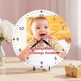 Zegar Ścienny z Nadrukiem Zdjęcia Prezent na Dzień Babci Dziadka MD1706. Personalizowany zegar ze zdjęciem i dedykacją dla babci, dziadka, prababci i pradziadka.