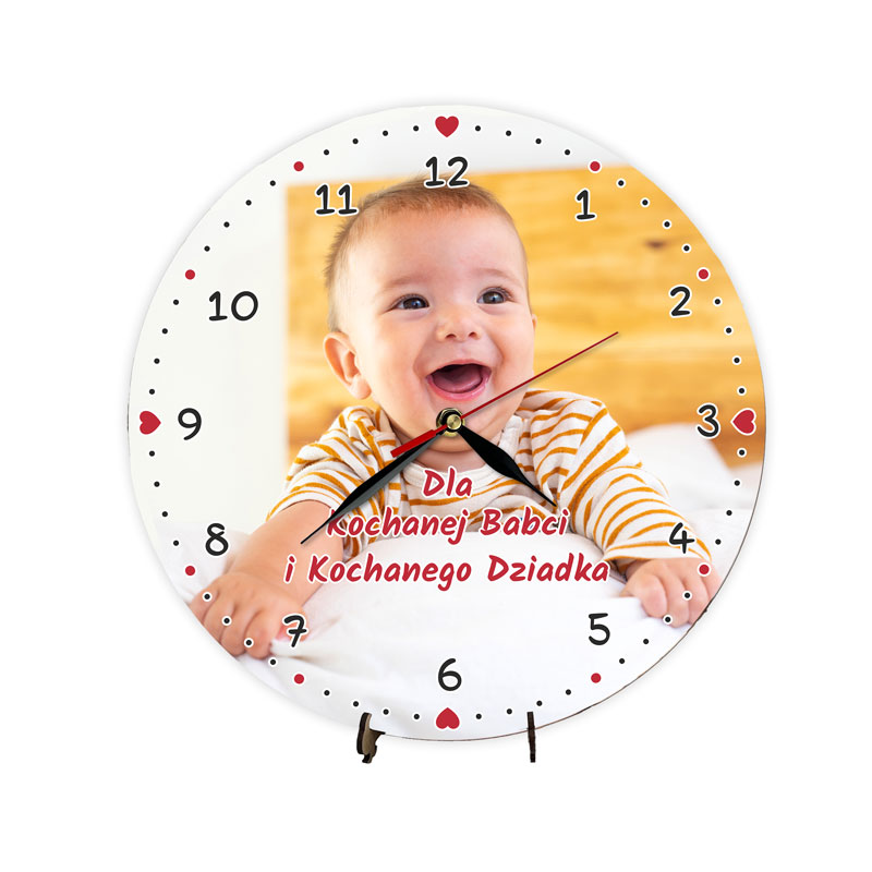 Zegar Ścienny z Nadrukiem Zdjęcia Prezent na Dzień Babci Dziadka MD1706. Personalizowany zegar ze zdjęciem i dedykacją dla babci, dziadka, prababci i pradziadka.