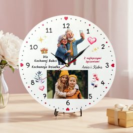 Prezent dla Dziadków Zegar z Miejscem na Zdjęcie Nadruk MD1718. Kolorowy zegar z nadrukiem babci i dziadka z miejscem na zdjęcie, w zestawie z cichym mechanizmem.