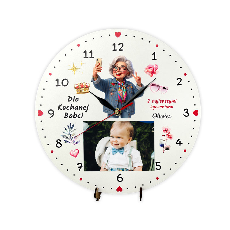 Prezent dla Dziadków Zegar z Miejscem na Zdjęcie Nadruk MD1718. Kolorowy zegar z nadrukiem babci i dziadka z miejscem na zdjęcie, w zestawie z cichym mechanizmem.