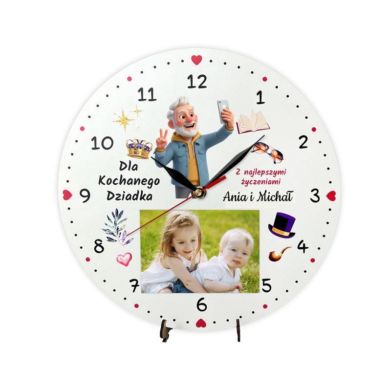Prezent dla Dziadków Zegar z Miejscem na Zdjęcie Nadruk MD1718. Kolorowy zegar z nadrukiem babci i dziadka z miejscem na zdjęcie, w zestawie z cichym mechanizmem.