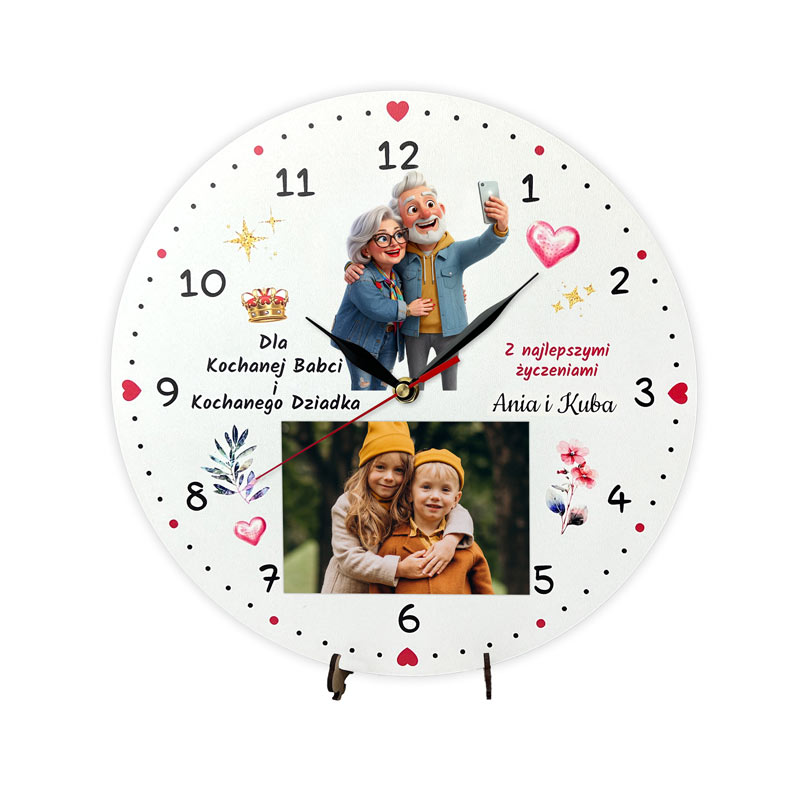 Prezent dla Dziadków Zegar z Miejscem na Zdjęcie Nadruk MD1718. Kolorowy zegar z nadrukiem babci i dziadka z miejscem na zdjęcie, w zestawie z cichym mechanizmem.