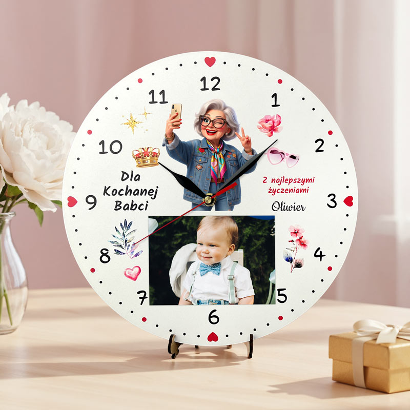 Prezent dla Dziadków Zegar z Miejscem na Zdjęcie Nadruk MD1718. Kolorowy zegar z nadrukiem babci i dziadka z miejscem na zdjęcie, w zestawie z cichym mechanizmem.