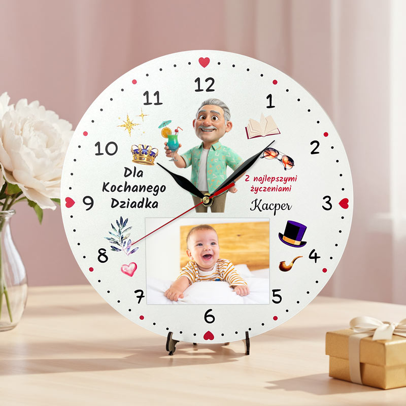 Prezent na Dzień Babci Zegar na Zdjęcie z Imionami Kolorowy Nadruk MD1719. Kolorowy zegar z nadrukiem UV i miejscem na zdjęcie 9x13 cm – idealny prezent dla babci i dziadka, cichy mechanizm bez tykani.