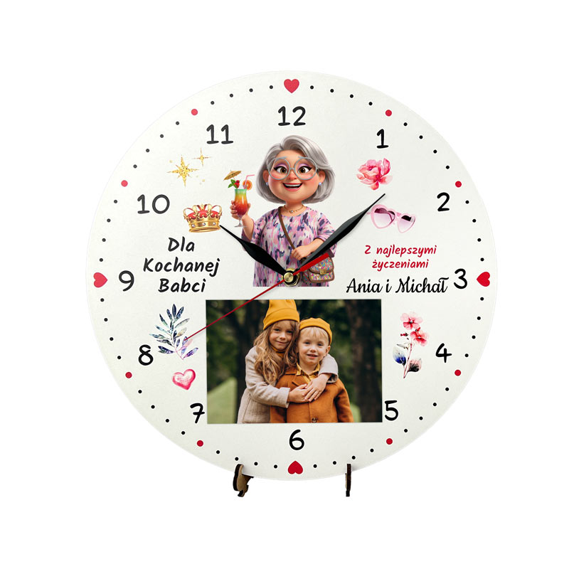 Prezent na Dzień Babci Zegar na Zdjęcie z Imionami Kolorowy Nadruk MD1719. Kolorowy zegar z nadrukiem UV i miejscem na zdjęcie 9x13 cm – idealny prezent dla babci i dziadka, cichy mechanizm bez tykani.