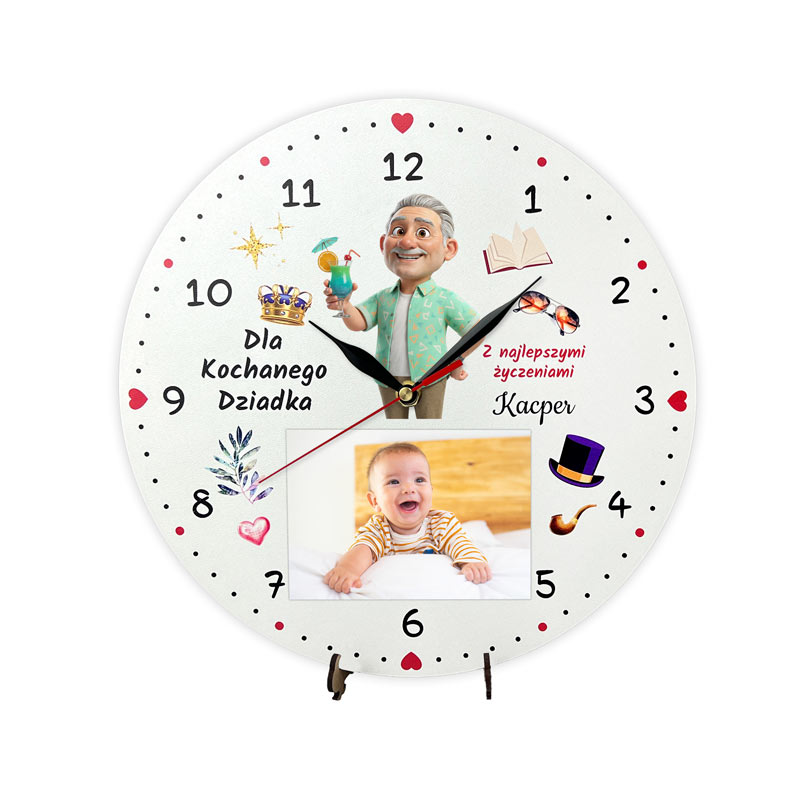 Prezent na Dzień Babci Zegar na Zdjęcie z Imionami Kolorowy Nadruk MD1719. Kolorowy zegar z nadrukiem UV i miejscem na zdjęcie 9x13 cm – idealny prezent dla babci i dziadka, cichy mechanizm bez tykani.