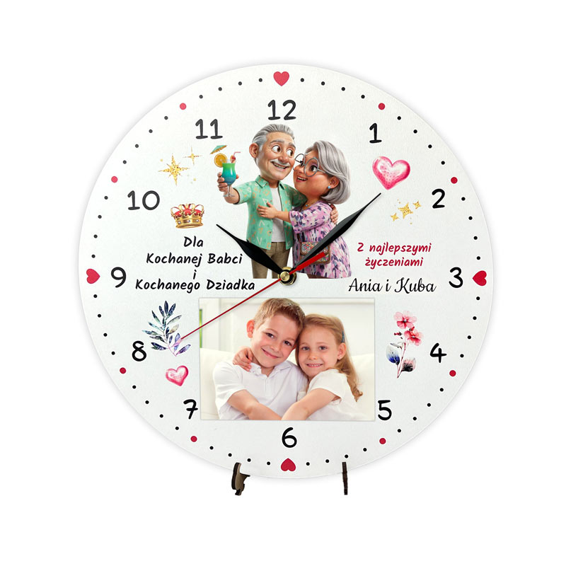 Prezent na Dzień Babci Zegar na Zdjęcie z Imionami Kolorowy Nadruk MD1719. Kolorowy zegar z nadrukiem UV i miejscem na zdjęcie 9x13 cm – idealny prezent dla babci i dziadka, cichy mechanizm bez tykani.