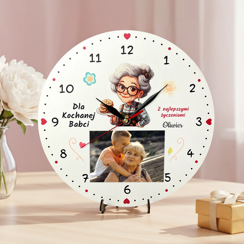Personalizowany Zegar dla Babci ze Zdjęciem Kolorowa Grafika MD1720