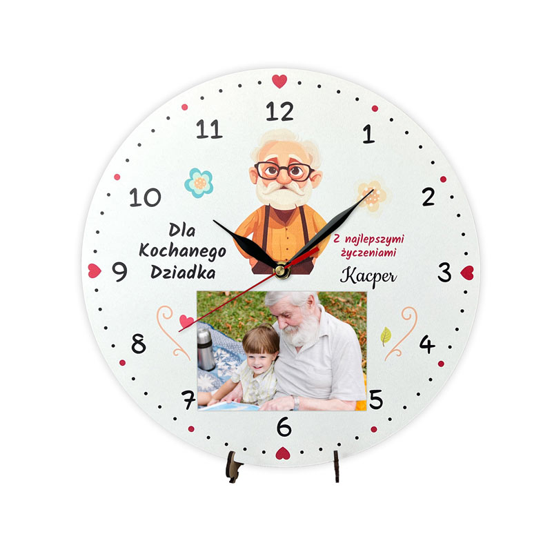 Zegar dla Dziadka ze Zdjęciem i Dedykacją Kolorowy Nadruk MD1722. Kolorowy zegar z nadrukiem UV i miejscem na zdjęcie 9x13 cm – idealny prezent dla babci i dziadka, cichy mechanizm bez tykani.