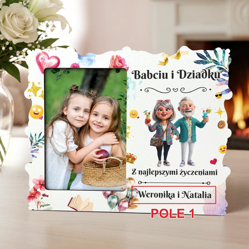 Ramka na Zdjęcie dla Babci i Dziadka – Wyjątkowy Prezent od Wnuków MD1725. Personalizowana ramka na zdjęcie dla Babci i Dziadka, z kolorowym nadrukiem wesołych dziadków i imionami wnuków.