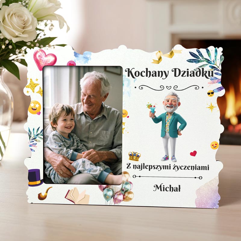 Ramka na Zdjęcie dla Babci i Dziadka – Wyjątkowy Prezent od Wnuków MD1725. Personalizowana ramka na zdjęcie dla Babci i Dziadka, z kolorowym nadrukiem wesołych dziadków i imionami wnuków.