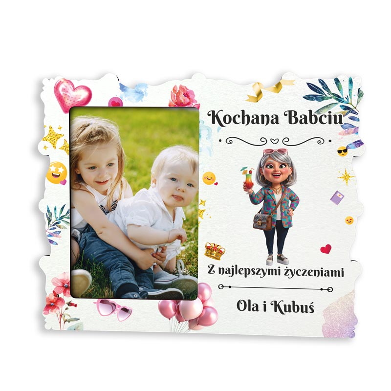 Ramka na Zdjęcie dla Babci i Dziadka – Wyjątkowy Prezent od Wnuków MD1725. Personalizowana ramka na zdjęcie dla Babci i Dziadka, z kolorowym nadrukiem wesołych dziadków i imionami wnuków.