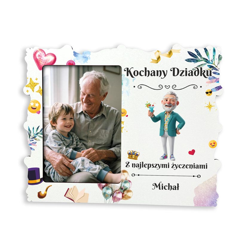 Ramka na Zdjęcie dla Babci i Dziadka – Wyjątkowy Prezent od Wnuków MD1725. Personalizowana ramka na zdjęcie dla Babci i Dziadka, z kolorowym nadrukiem wesołych dziadków i imionami wnuków.