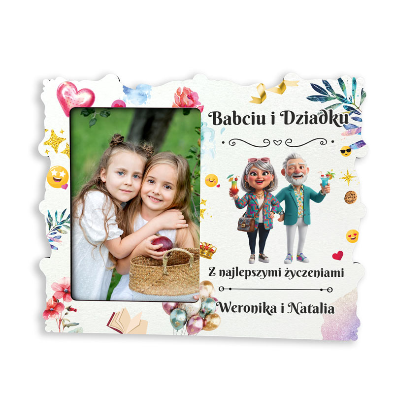 Ramka na Zdjęcie dla Babci i Dziadka – Wyjątkowy Prezent od Wnuków MD1725. Personalizowana ramka na zdjęcie dla Babci i Dziadka, z kolorowym nadrukiem wesołych dziadków i imionami wnuków.