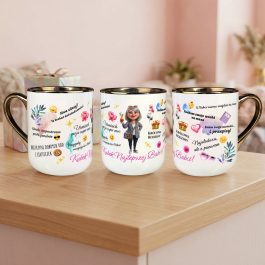 Kubek dla Babci z Humorem Śmieszny Prezent na Dzień Babci z Tekstami MD1737. \kubek na dzień babci ze złotym uchem i kolorowa grafiką wesołej babci z sentencjami i zyczeniami.