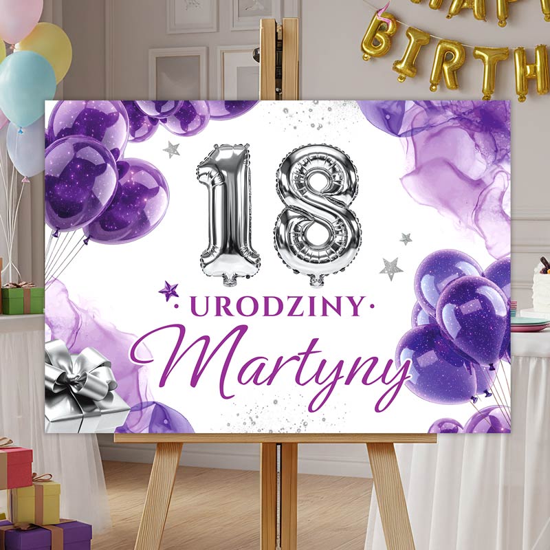 Elegancka Tablica Powitalna na Urodziny dla Kobiety Personalizowana. Kolorowa tablica z kolorowym nadrukiem w fioletach z grafiką balonów.