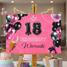 Tablica Powitalna na Przyjęcie Urodzinowe z Imieniem Dla Niej w kolorze różowym z dodatkiem grafiki balonów i szampana.
