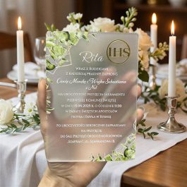 Zaproszenia Akrylowe na Komunię ze Złotym Symbolem IHS Eleganckie Zaproszenia MD1752