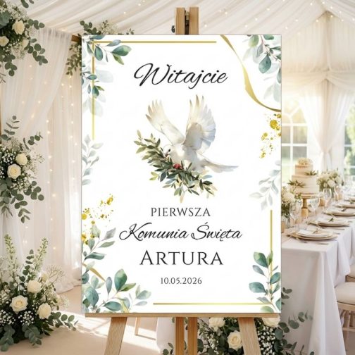 Personalizowana tablica powitalna na komunię z białego PCV z kolorowym nadrukiem botanicznym i napisem Witajcie!