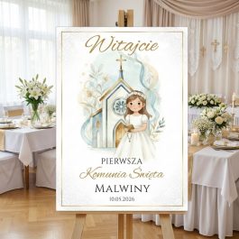 Personalizowana tablica powitalna na komunię z białego PCV z kolorowym nadrukiem grafiki dziewczynki w niebieskich tonacjach i napisem Witajcie!