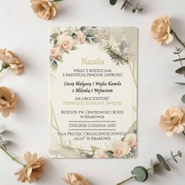 Zaproszenia Komunijne Personalizowane Drewniane Różowe Kwiaty. Drewniane zaproszenie komunijne z personalizacją, biały HDF z nadrukiem różowych kwiatów i białego gołębia, kolekcja Nowoczesna Elegancja.