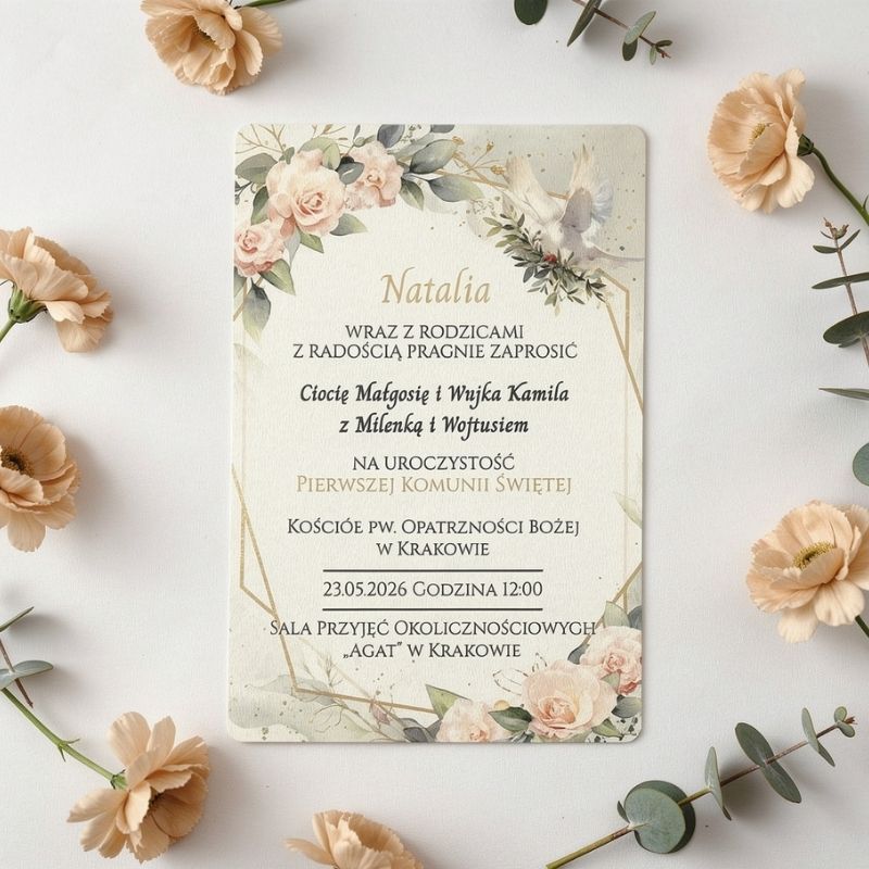 Zaproszenia Komunijne Personalizowane Drewniane Różowe Kwiaty. Drewniane zaproszenie komunijne z personalizacją, biały HDF z nadrukiem różowych kwiatów i białego gołębia, kolekcja Nowoczesna Elegancja.