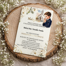 Personalizowane zaproszenie komunijne z białego HDF, nadruk UV z modlącym się chłopcem, kościołem i białą eustomą w złotym ornamencie.