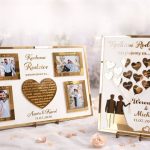 Podziękowania dla rodziców na ślub – co wybrać, żeby naprawdę wzruszyć? 2026 - poradnik. Podziękowania dla rodziców z białego HDF i złotej pleksi. Z ramkami na zdjęcia i grawerem podziękowań slubnych