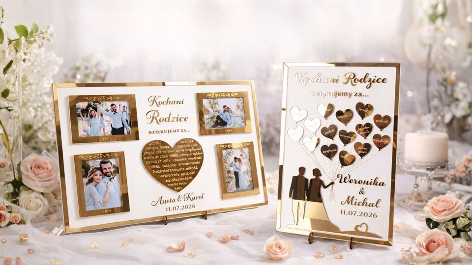 Podziękowania dla rodziców na ślub – co wybrać, żeby naprawdę wzruszyć? 2026 - poradnik. Podziękowania dla rodziców z białego HDF i złotej pleksi. Z ramkami na zdjęcia i grawerem podziękowań slubnych