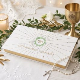 Prostokątne, eleganckie pudełko na pieniądze prezentowe na pieniądze na Pierwszą Komunię Świętą. Białe tło z delikatną złotą i zieloną grafiką roślinną oraz napisem "Pamiątka I Komunii Świętej". Pudełko jest zamknięte, widoczne pod lekkim skosem na jasnym tle.