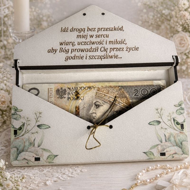 Białe pudełko na pieniądze na Komunię z grawerem imienia, życzeniami i kolorowym motywem eukaliptusa dla dziewczynki.