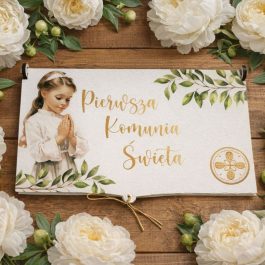 Białe pudełko na pieniądze na Komunię z grawerem imienia, życzeniami i kolorowym motywem eukaliptusa dla dziewczynki.
