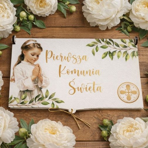 Białe pudełko na pieniądze na Komunię z grawerem imienia, życzeniami i kolorowym motywem eukaliptusa dla dziewczynki.