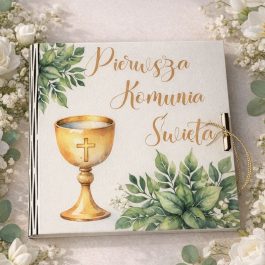 Biała kasetka komunijna z płyty HDF w kształcie Pisma Świętego z kolorowym nadrukiem i otworami na wstążkę.