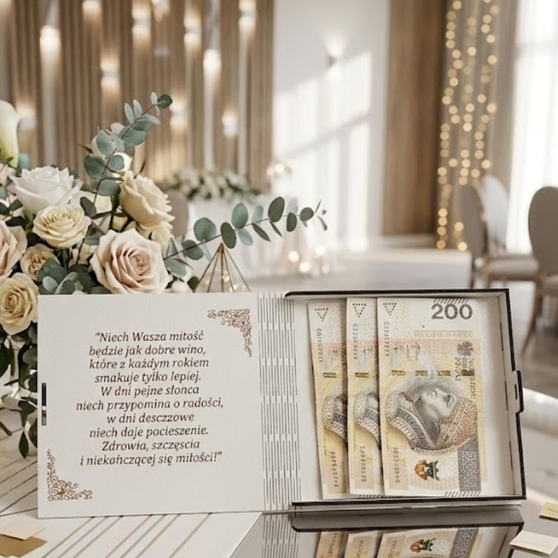 Drewniane, otwarte pudełko prezentowe na ślub stojące na lustrzanym stole w nowoczesnej sali weselnej. Po lewej stronie widoczne są życzenia w języku polskim, po prawej trzy banknoty o nominale 200 zł. W tle bukiet kwiatów i geometryczna dekoracja.